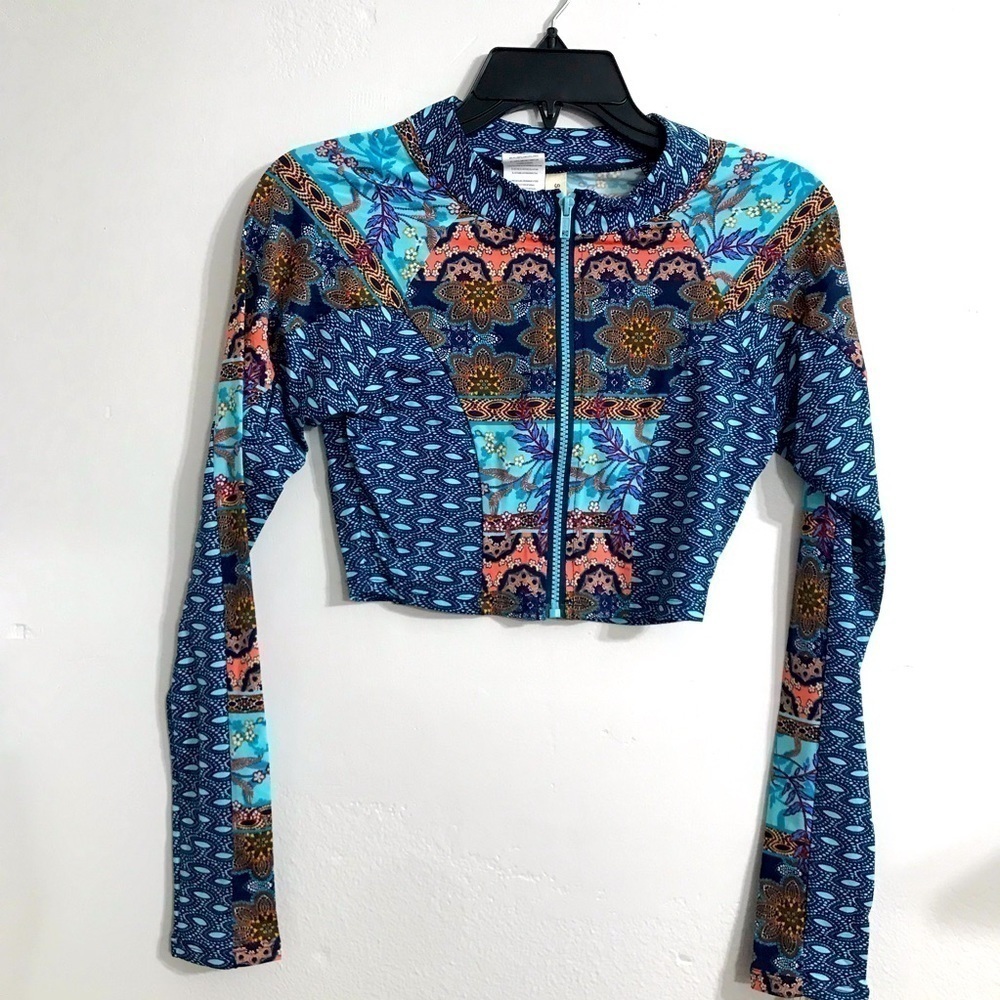 Sperry long sleeve tankiny floral blue Sz M NWT cropped top